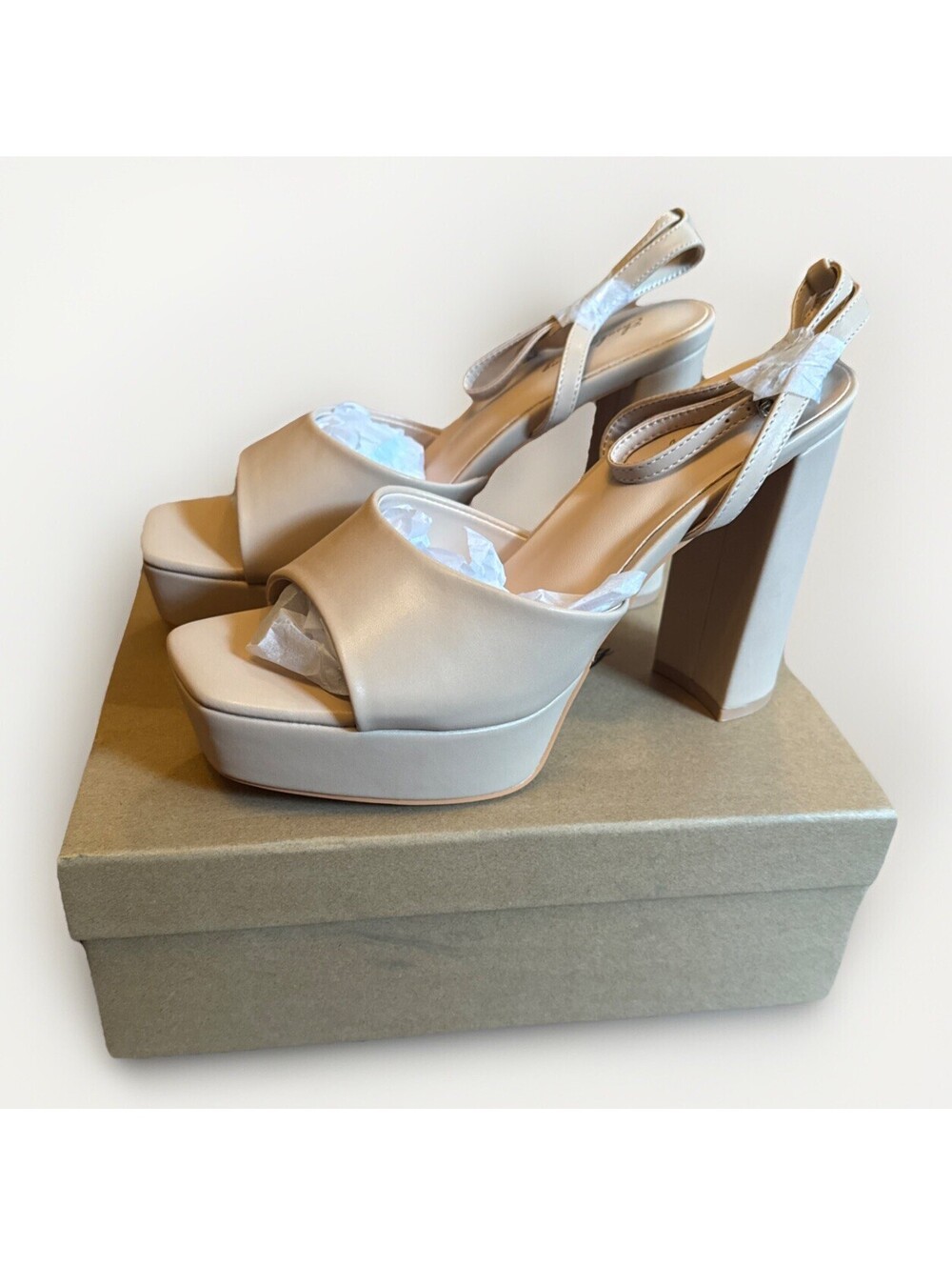 New Elisabet Tang Wedding Ankle Strap Nude Light Tan Chunky Platform Heels 9